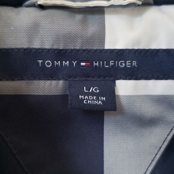 Tommy Hilfiger Vest Womens sz Large Zip Puffer Navy Blue White Plaid Preppy - Picture 2 of 5